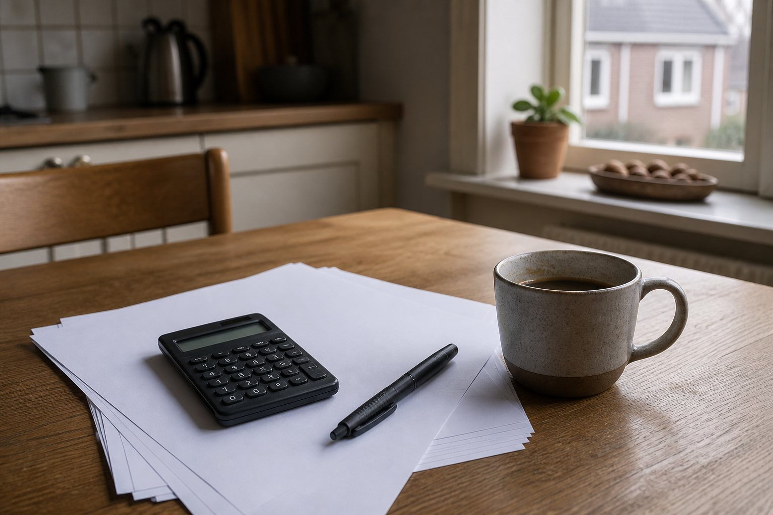 Rekenmachine, pen en papieren op een houten keukentafel bij daglicht, met een koffiemok ernaast