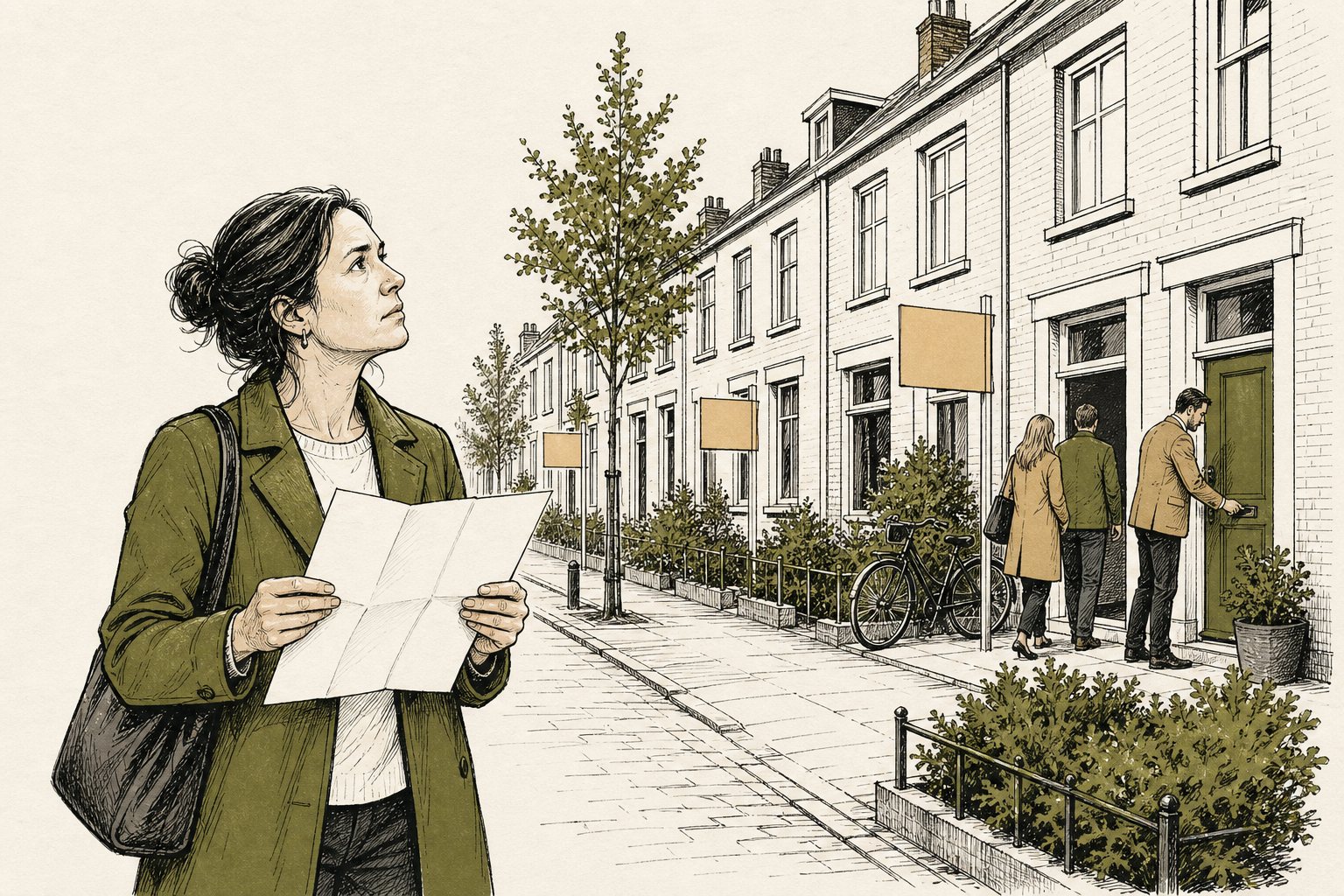 Alleenstaande vrouw met een hypotheekberekening in haar hand kijkt naar een rij huizen met verkoopborden