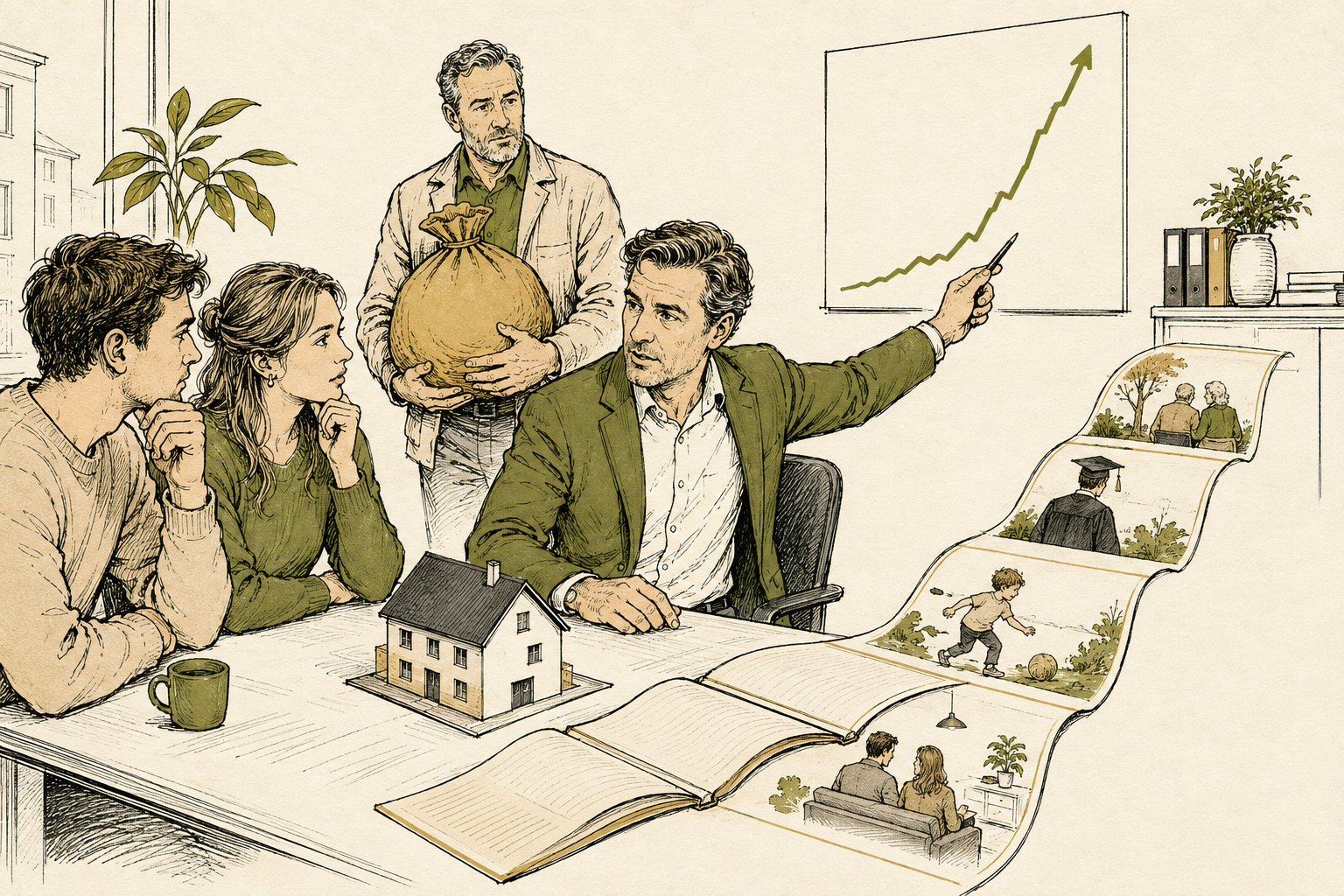 Een jong stel aan tafel bij een adviseur met een maquette van een huis, achter hen een oudere huiseigenaar met een geldzak bij een stijgende grafiek