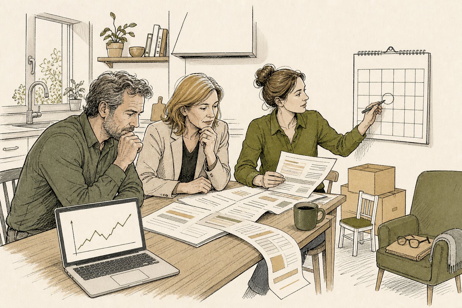 Illustratie van een stel aan de keukentafel met een hypotheekoverzicht en een kalender, een van hen omcirkelt een datum