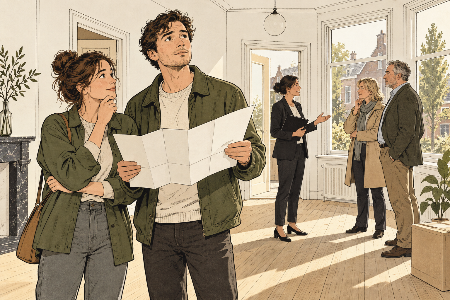 Illustratie van een jong stel in een lege woonkamer tijdens een bezichtiging terwijl de makelaar andere kijkers te woord staat