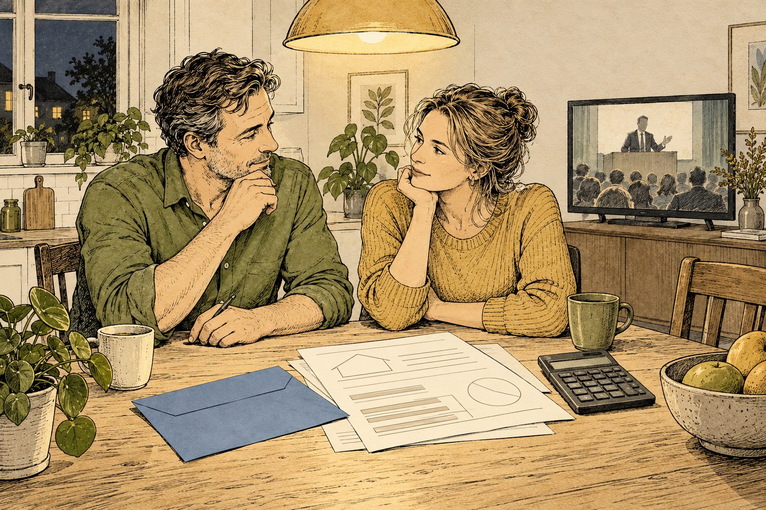Illustratie: een stel aan de keukentafel met een blauwe envelop, een hypotheekoverzicht en een rekenmachine, op de tv op de achtergrond spreekt een man achter een spreekgestoelte