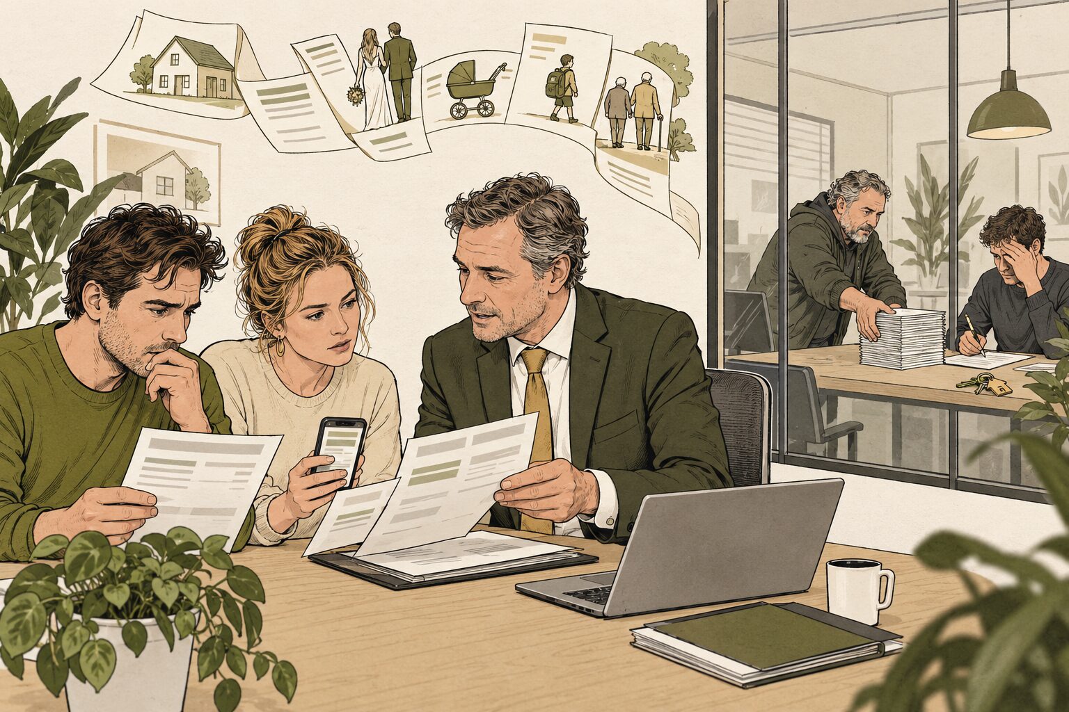 Illustratie: een jong stel laat bij de hypotheekadviseur hun eigen loonstroken zien, terwijl aan een bureau achter de glazen wand een man een stapel identieke loonstroken naar een jonge man schuift die tekent