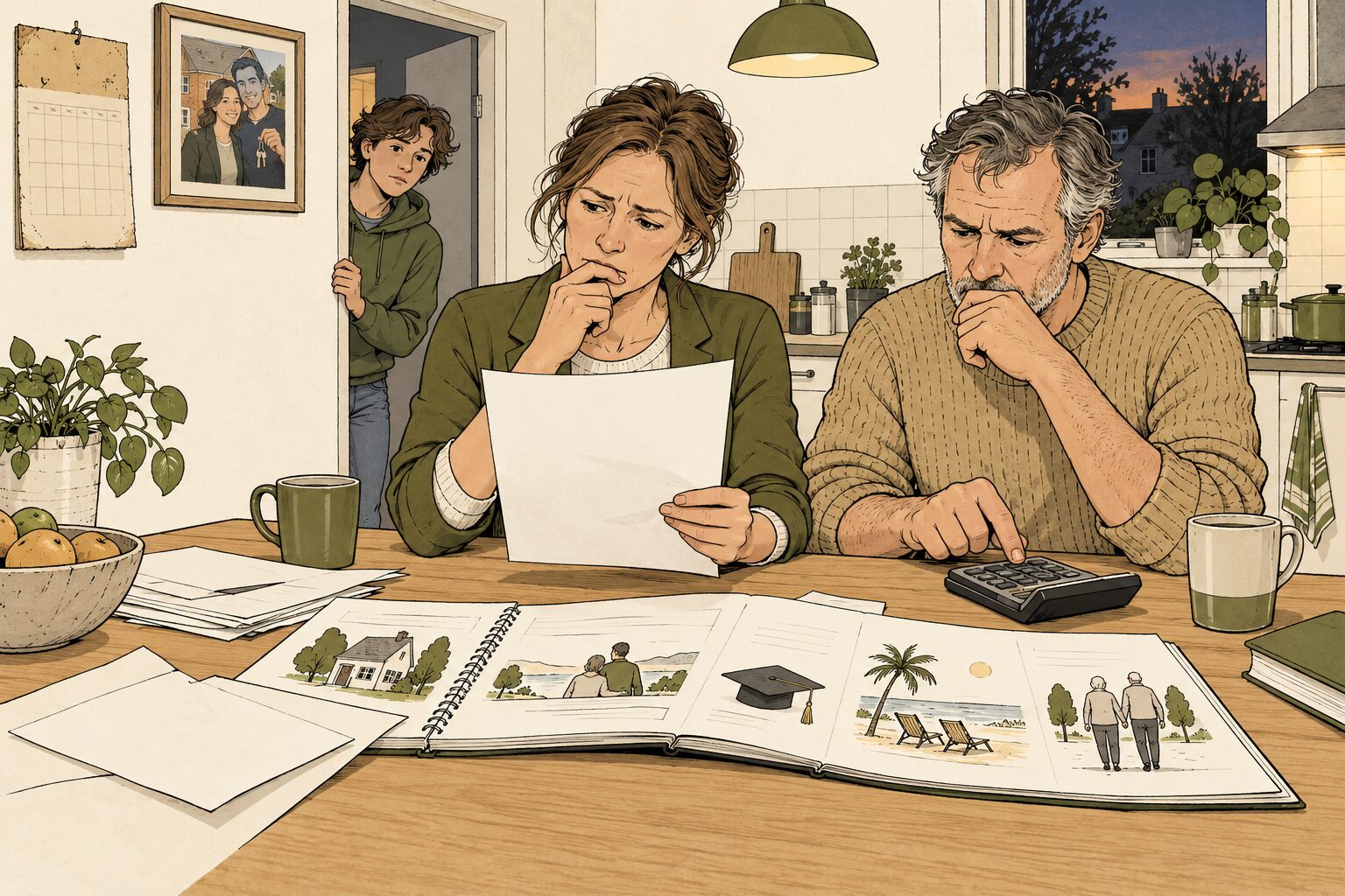 Illustratie: een vrouw aan de keukentafel leest een rentevoorstel van de bank terwijl haar partner rekent op een rekenmachine, aan de muur hangt de foto van de dag dat ze de sleutel kregen